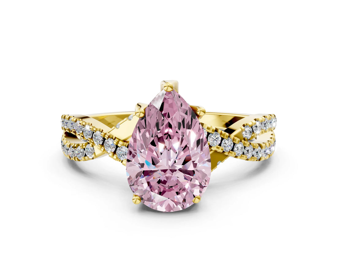 Yellow gold Fancy Pink Pear Cut Solitaire Twist Pave Diamond Engagement Ring with Prong Setting