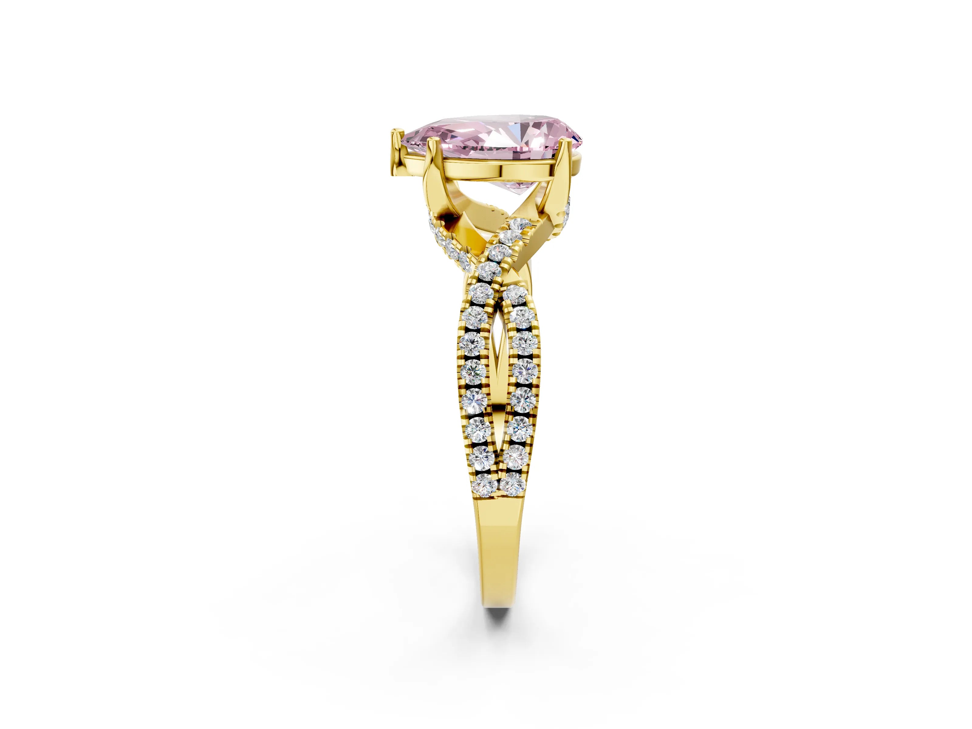 Yellow gold Fancy Pink Pear Cut Solitaire Twist Pave Diamond Engagement Ring with Prong Setting_2