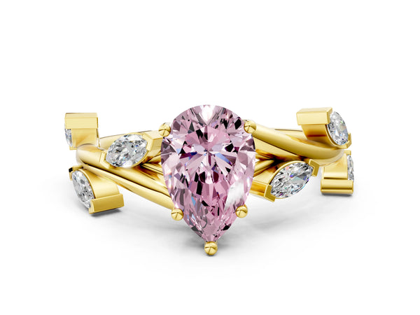 Yellow gold Fancy Pink Pear Cut Solitaire Twisted Band Marquise Accent Prong Setting Ring