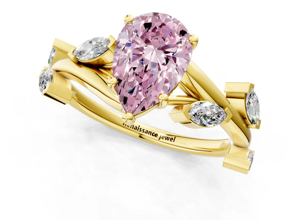Yellow gold Fancy Pink Pear Cut Solitaire Twisted Band Marquise Accent Prong Setting Ring