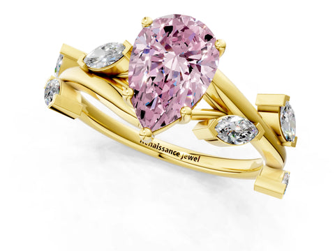 Yellow gold Fancy Pink Pear Cut Solitaire Twisted Band Marquise Accent Prong Setting Ring_1