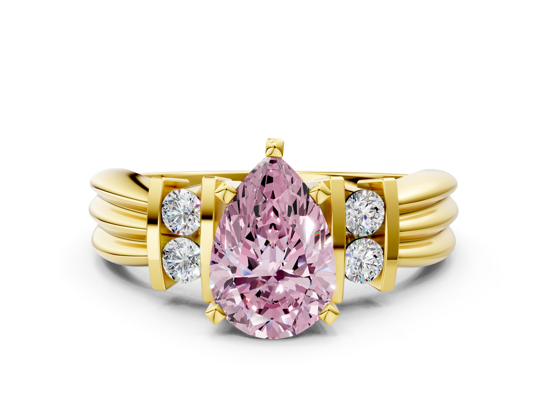 Yellow gold Fancy Pink Pear  Cut Three-Stone Channel Set Ring with Bar Prongs_64