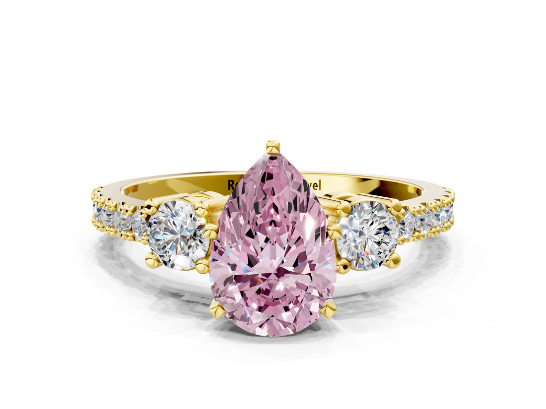 Yellow gold Fancy Pink Pear  Cut Three-Stone Diamond Pavé Band with Prong Setting_17