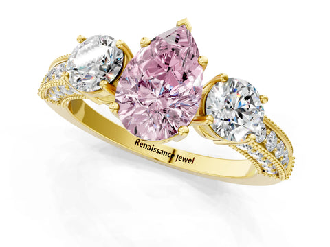Yellow gold Fancy Pink Pear Cut Three-Stone Diamond Ring with Pavé Band and Four-Prong Setting_1