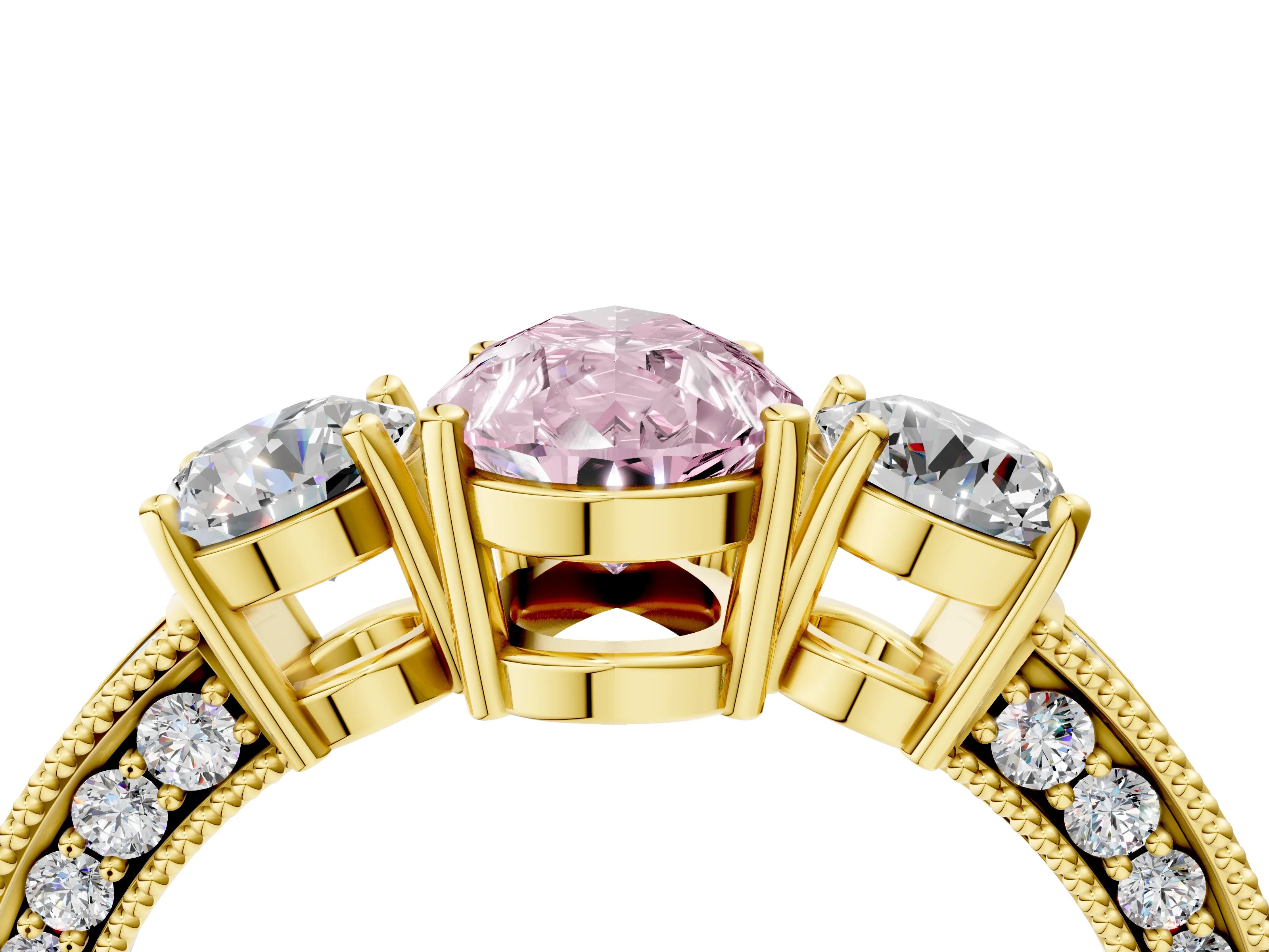 Yellow gold Fancy Pink Pear Cut Three-Stone Diamond Ring with Pavé Band and Four-Prong Setting_4