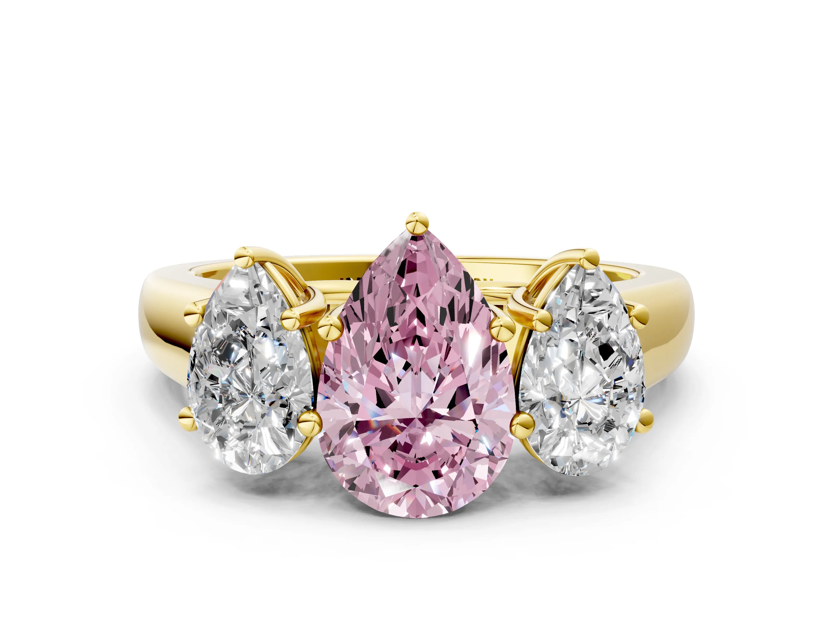 Yellow gold Fancy Pink Pear Cut Three-Stone Diamond Ring with Prong Setting on a Classic Band