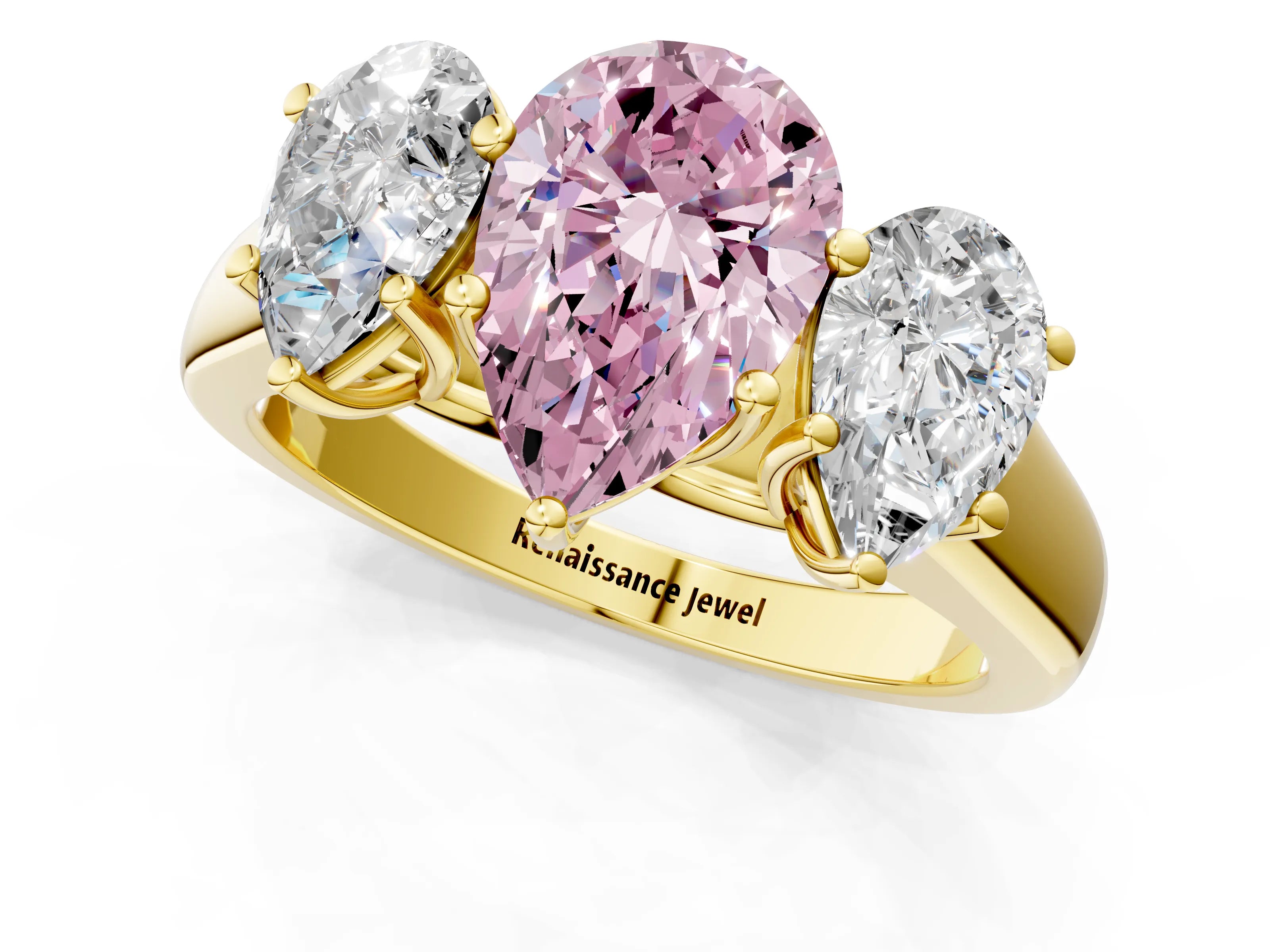 Yellow gold Fancy Pink Pear Cut Three-Stone Diamond Ring with Prong Setting on a Classic Band_1