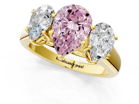 Yellow gold Fancy Pink Pear Cut Three-Stone Diamond Ring with Prong Setting on a Classic Band_1