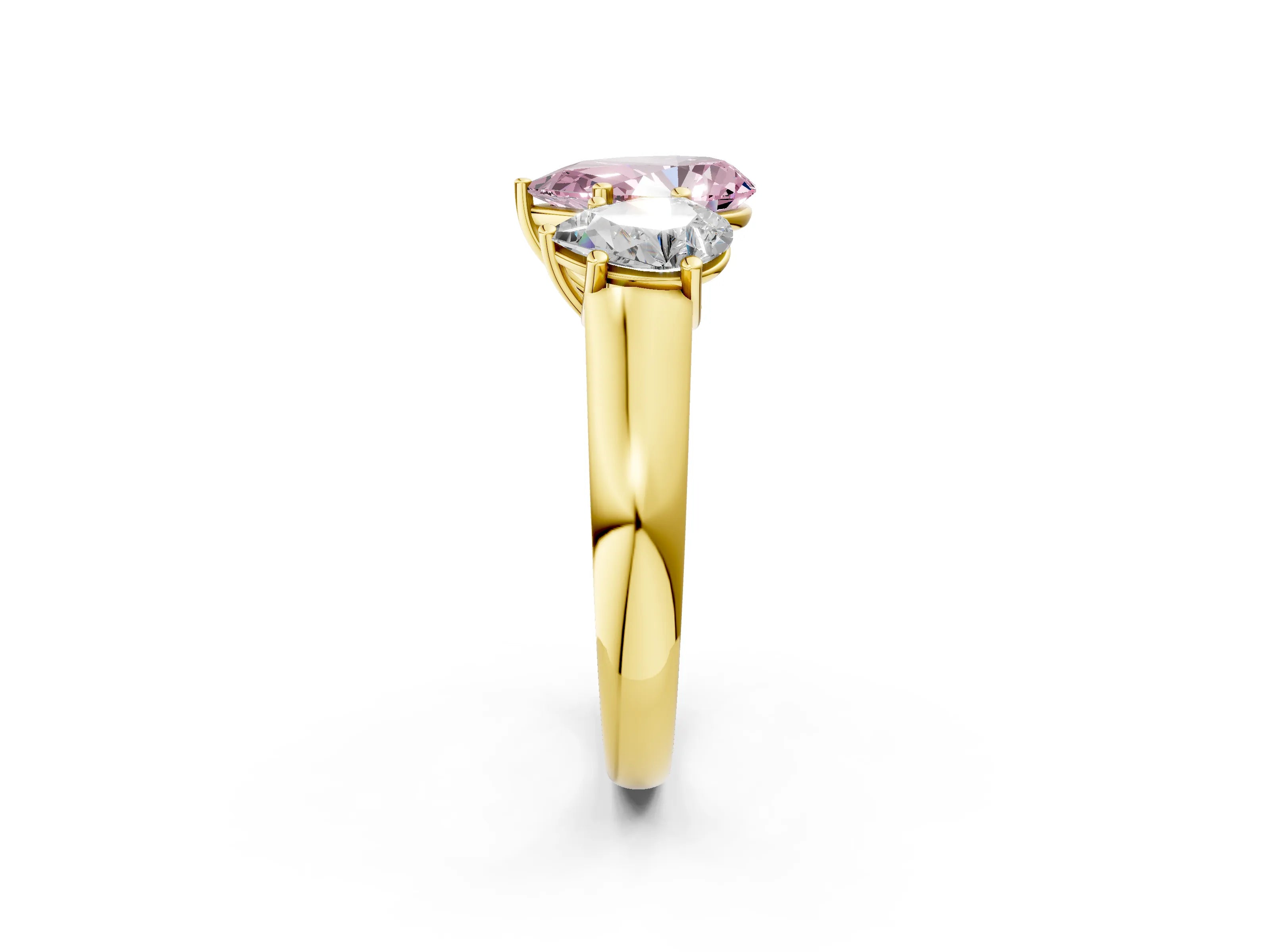 Yellow gold Fancy Pink Pear Cut Three-Stone Diamond Ring with Prong Setting on a Classic Band_2