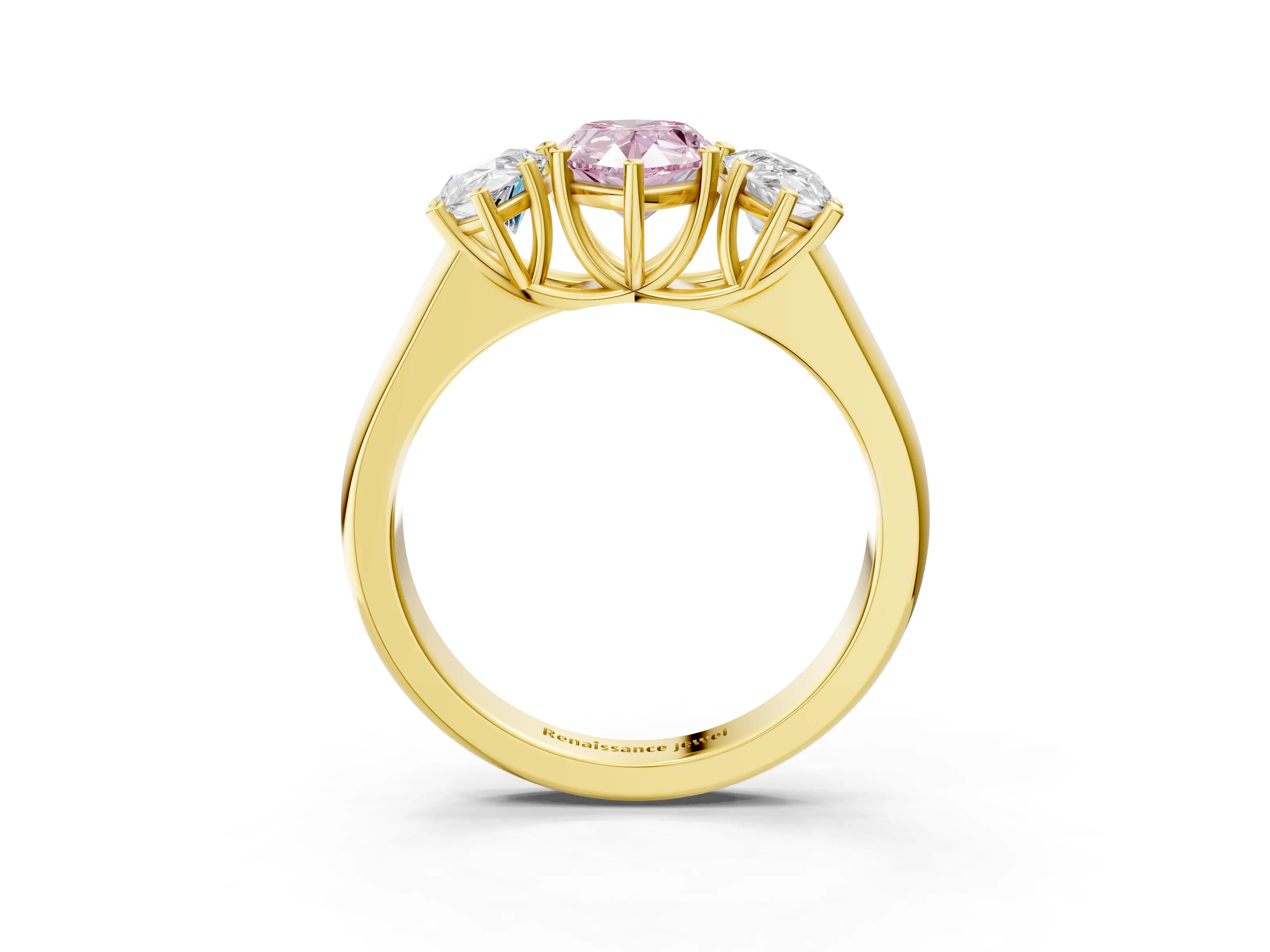 Yellow gold Fancy Pink Pear Cut Three-Stone Diamond Ring with Prong Setting on a Classic Band_3