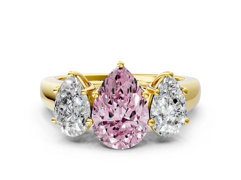 Yellow gold Fancy Pink Pear Cut Three-Stone Diamond Ring with Prong Setting on a Classic Band