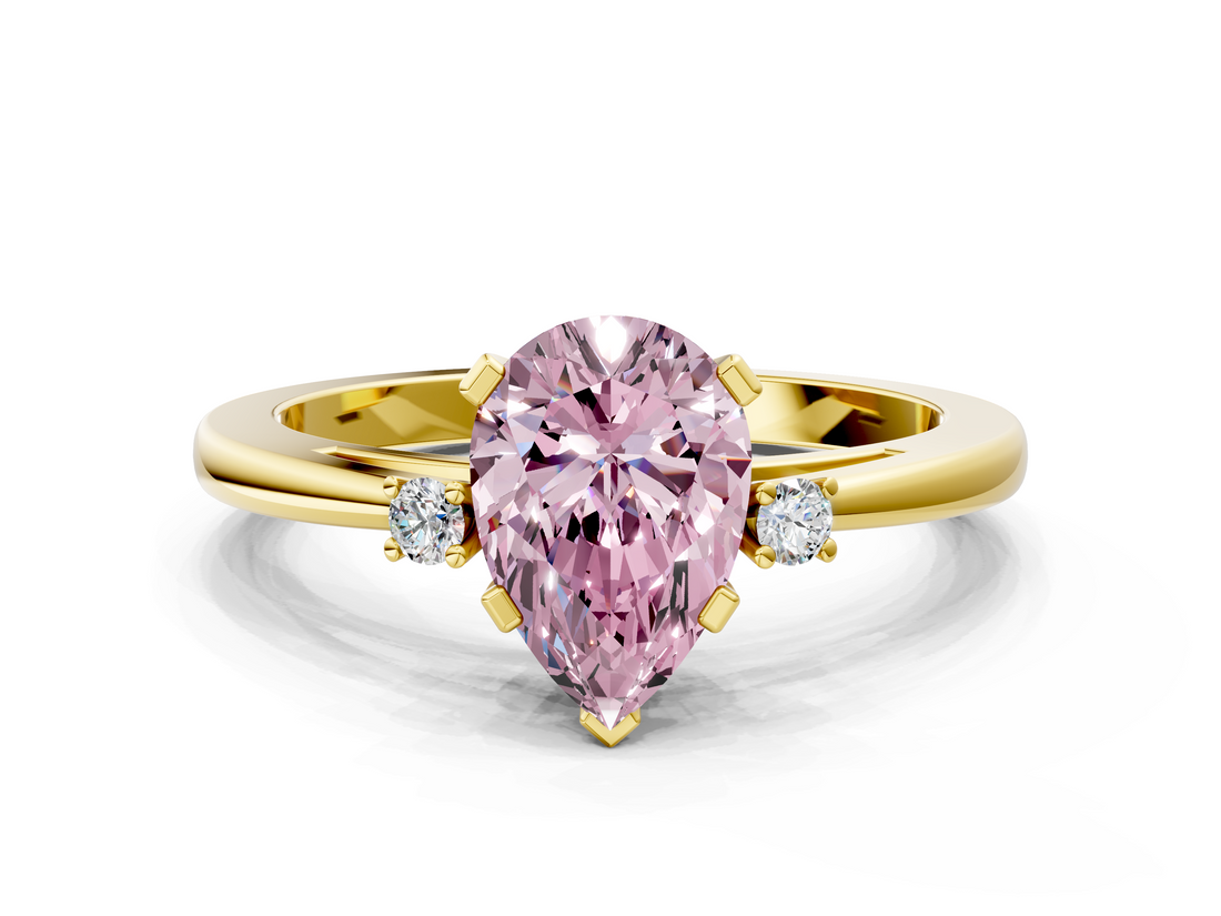Yellow gold Fancy Pink Pear  Cut Three-Stone Solitaire Ring with Round Accent Diamonds and Four-Prong Setting_19