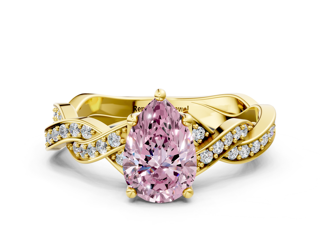 Yellow gold Fancy Pink Pear  Cut Twisted Pavé Band Solitaire Ring with Four-Prong Setting_55