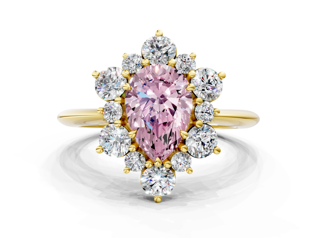 Yellow gold Fancy Pink Pear  Diamond Cluster Halo Ring with Solitaire Band and Four-Prong Setting_20