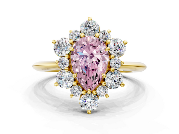 Yellow gold Fancy Pink Pear  Diamond Cluster Halo Ring with Solitaire Band and Four-Prong Setting