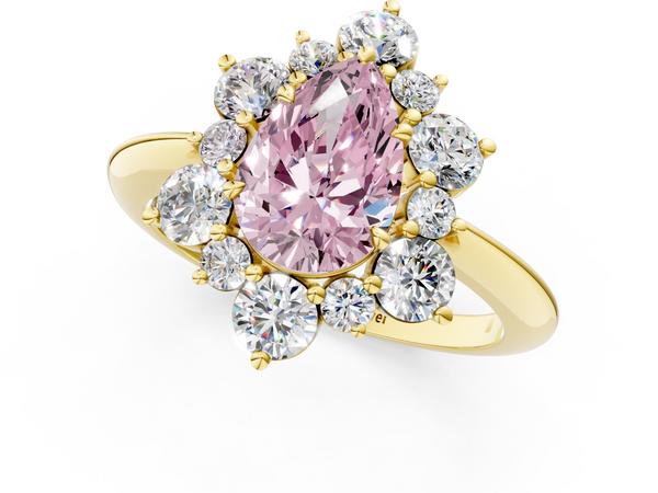 Yellow gold Fancy Pink Pear  Diamond Cluster Halo Ring with Solitaire Band and Four-Prong Setting