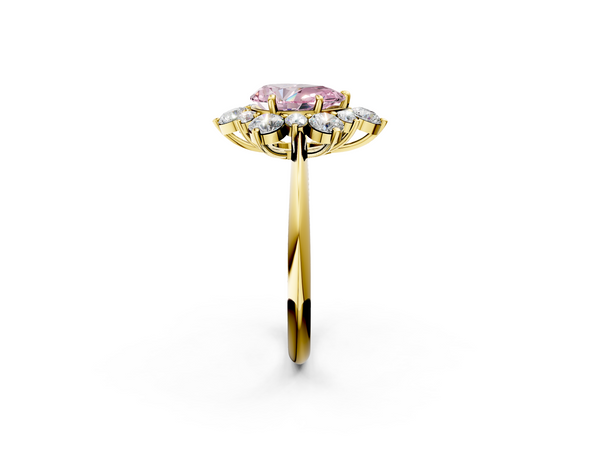 Yellow gold Fancy Pink Pear  Diamond Cluster Halo Ring with Solitaire Band and Four-Prong Setting