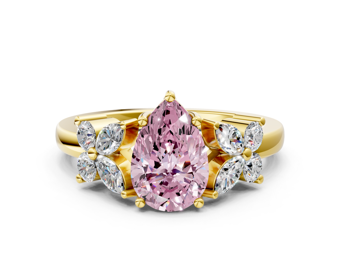 Yellow gold Fancy Pink Pear  Diamond Floral Cluster Ring with Solitaire Band and Prong Setting_26