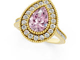 Yellow gold Fancy Pink Pear  Diamond Halo Ring with Milgrain Frame and Pavé Band 1