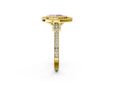 Yellow gold Fancy Pink Pear  Diamond Halo Ring with Milgrain Frame and Pavé Band 2