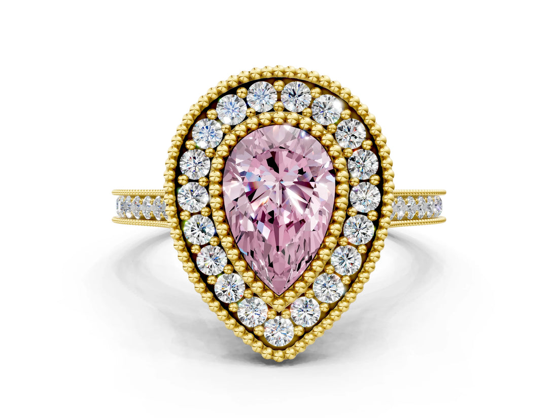 Yellow gold Fancy Pink Pear  Diamond Halo Ring with Milgrain Frame and Pavé Band