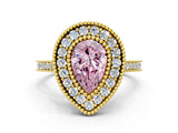 Yellow gold Fancy Pink Pear  Diamond Halo Ring with Milgrain Frame and Pavé Band