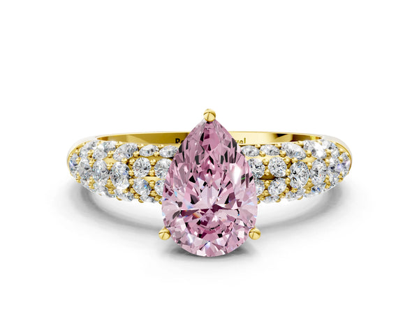 Yellow gold Fancy Pink Pear  Diamond Pavé Band Solitaire Ring with Four-Prong Setting