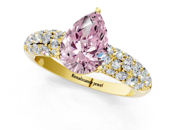 Yellow gold Fancy Pink Pear  Diamond Pavé Band Solitaire Ring with Four-Prong Setting
