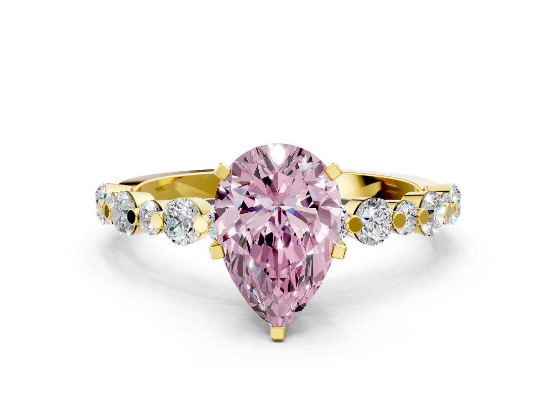 Yellow gold Fancy Pink Pear  Diamond Prong Set Engagement Ring with Pave Band_204