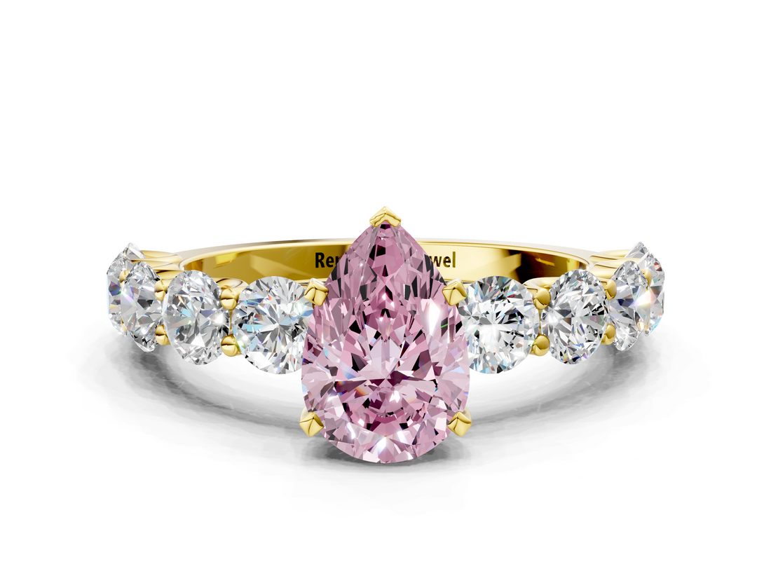 Yellow gold Fancy Pink Pear  Diamond Prong Setting with Side Stones on a Pave Band_112