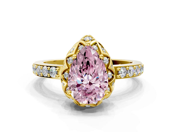 Yellow gold Fancy Pink Pear  Diamond Solitaire Ring with Shared Prong Pavé Band