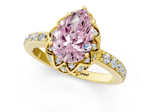 Yellow gold Fancy Pink Pear  Diamond Solitaire Ring with Shared Prong Pavé Band