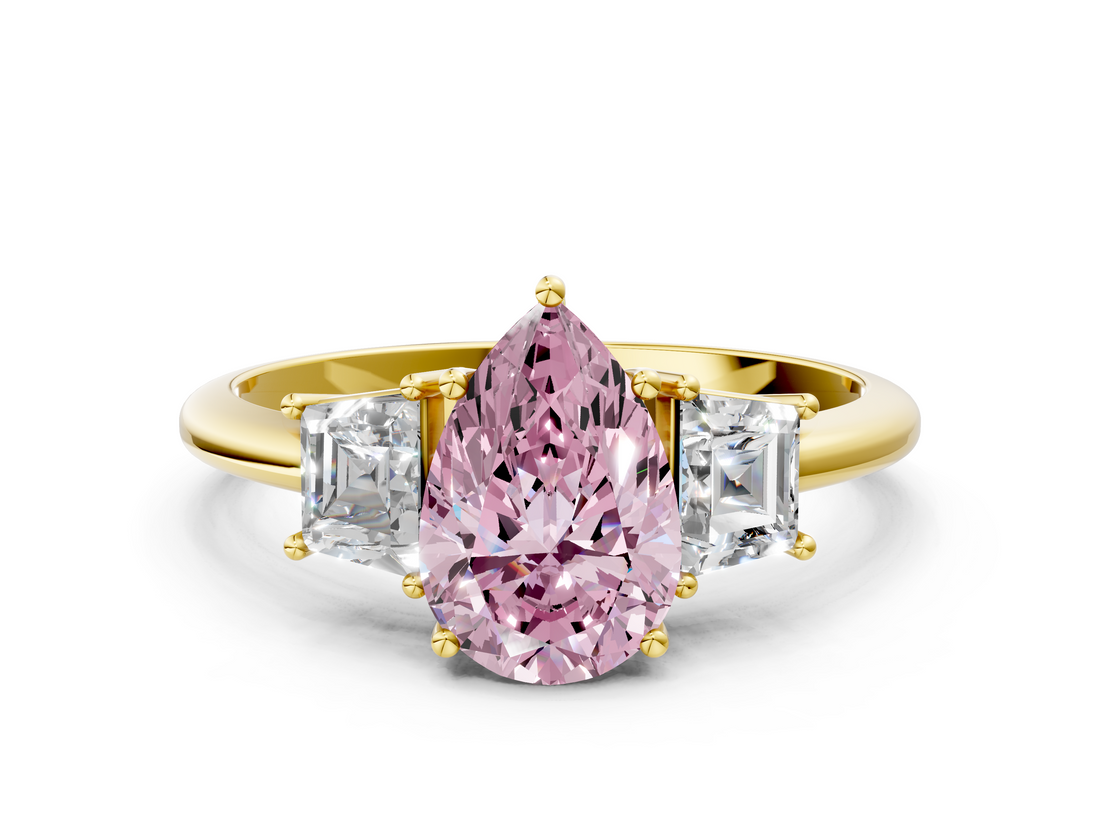 Yellow gold Fancy Pink Pear  Diamond Three-Stone Ring with Trapezoid Side Stones and Prong Setting_16