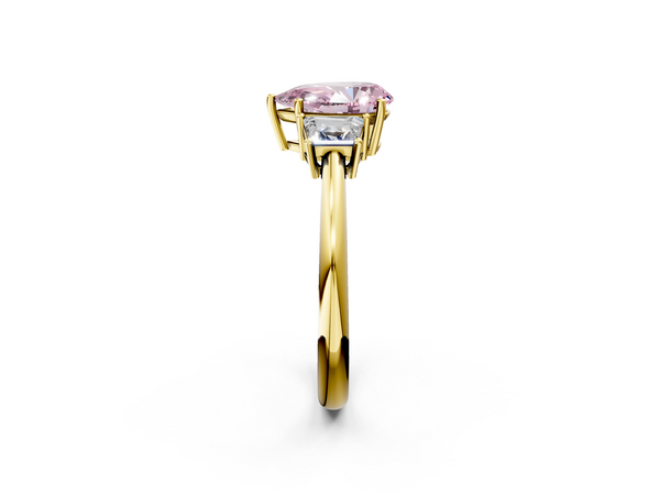 Yellow Gold Pear-Shaped Three Stone Engagement Ring Setting for Fancy Pink Center with Trapezoid Side Stones