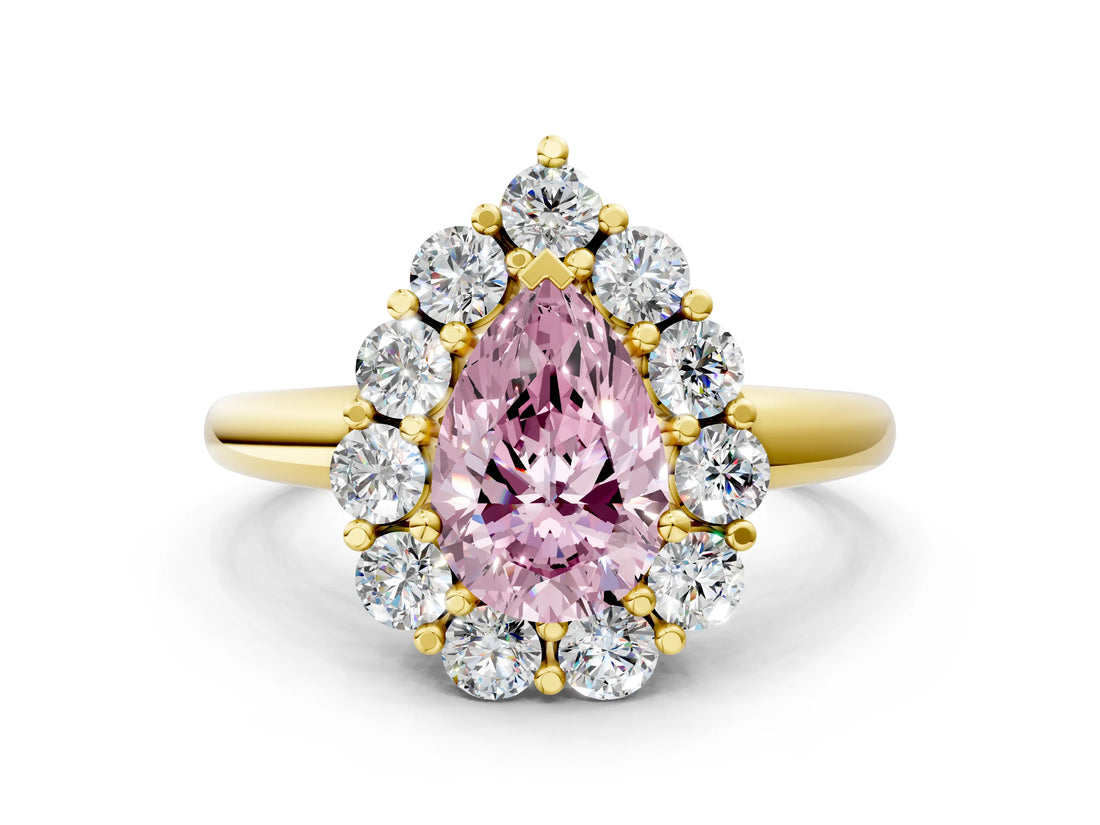 Yellow gold Fancy Pink Pear  Halo Cluster Diamond Engagement Ring with Prong Setting and Polished Band_20