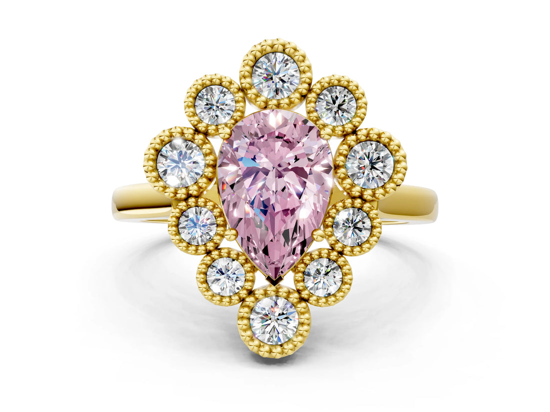 Yellow gold Fancy Pink Pear  Halo Diamond Cluster Engagement Ring with Milgrain Bezel Setting and Solitaire Band_75