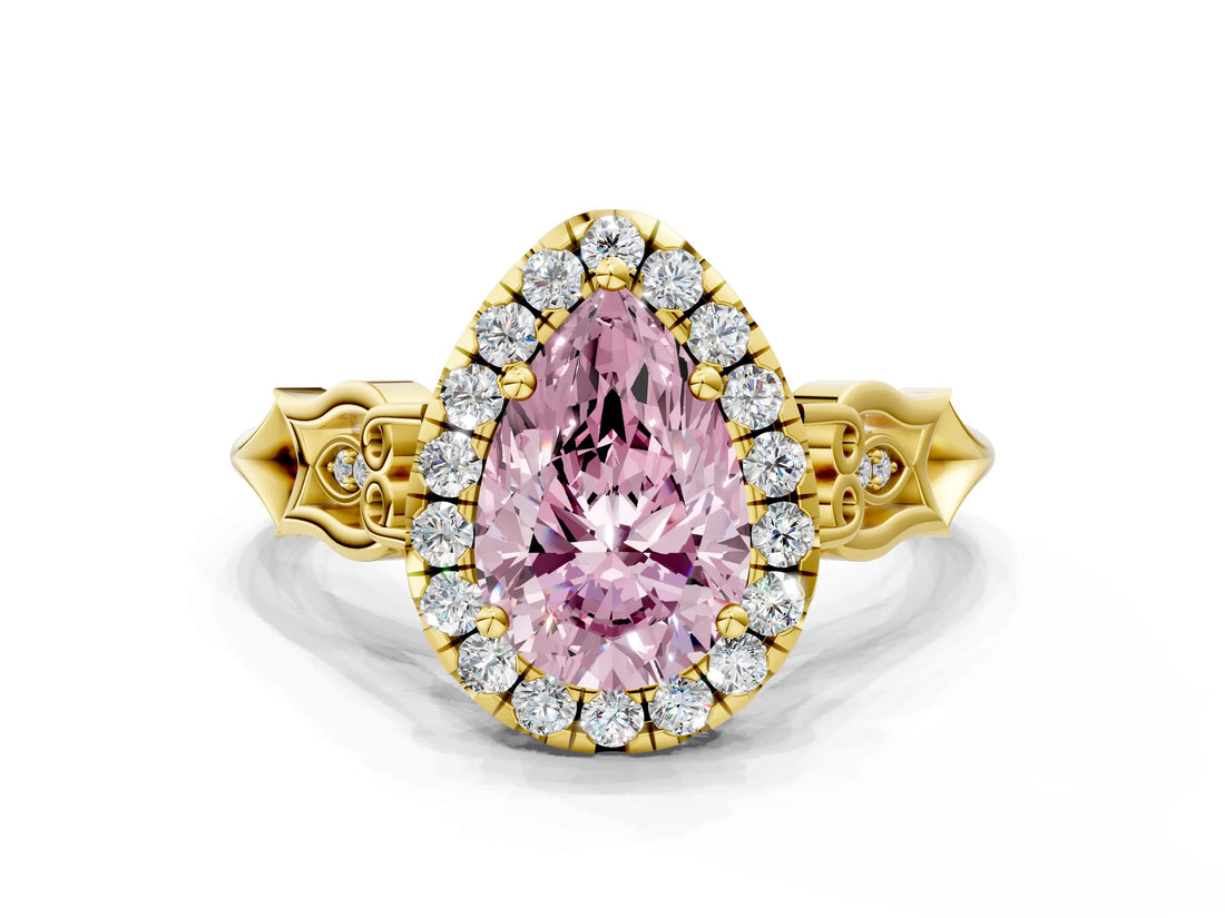 Yellow gold Fancy Pink Pear  Halo Diamond Engagement Ring with Filigree Band and Four-Prong Setting_81
