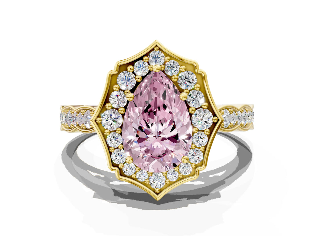 Yellow gold Fancy Pink Pear  Halo Diamond Engagement Ring with Milgrain Band and Four-Prong Setting_3