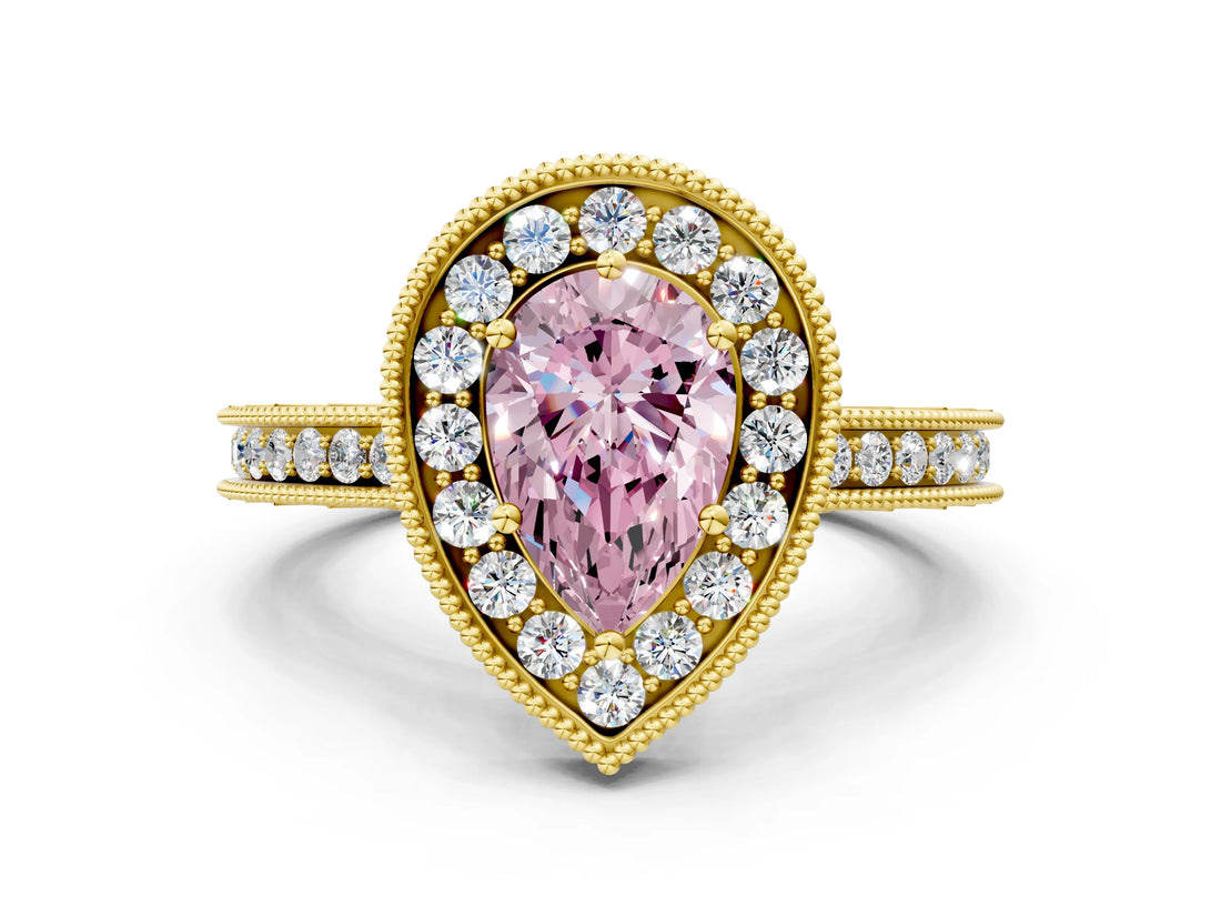 Yellow gold Fancy Pink Pear  Halo Diamond Engagement Ring with Milgrain Pave Band and Four-Prong Setting_12