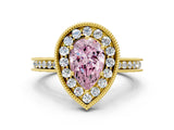 Yellow gold Fancy Pink Pear  Halo Diamond Engagement Ring with Milgrain Pave Band and Four-Prong Setting_12