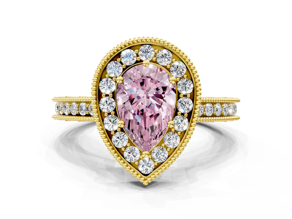 Yellow gold Fancy Pink Pear  Halo Diamond Engagement Ring with Milgrain Pave Band and Four-Prong Setting