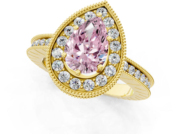 Yellow gold Fancy Pink Pear  Halo Diamond Engagement Ring with Milgrain Pave Band and Four-Prong Setting