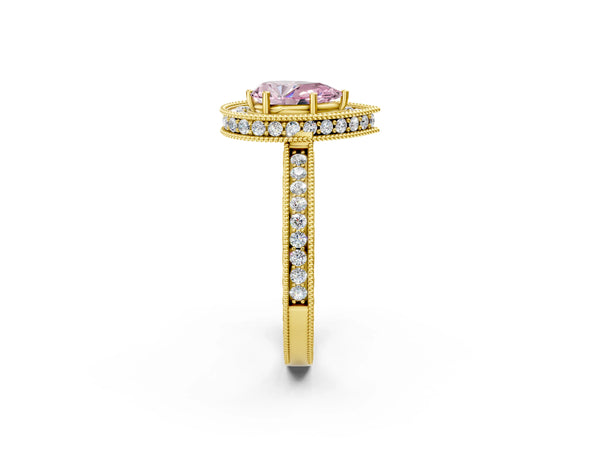 Yellow gold Fancy Pink Pear  Halo Diamond Engagement Ring with Milgrain Pave Band and Four-Prong Setting