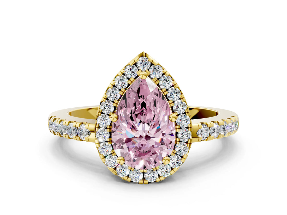 Yellow gold Fancy Pink Pear  Halo Diamond Engagement Ring with Pavé Band and Four-Prong Setting_99