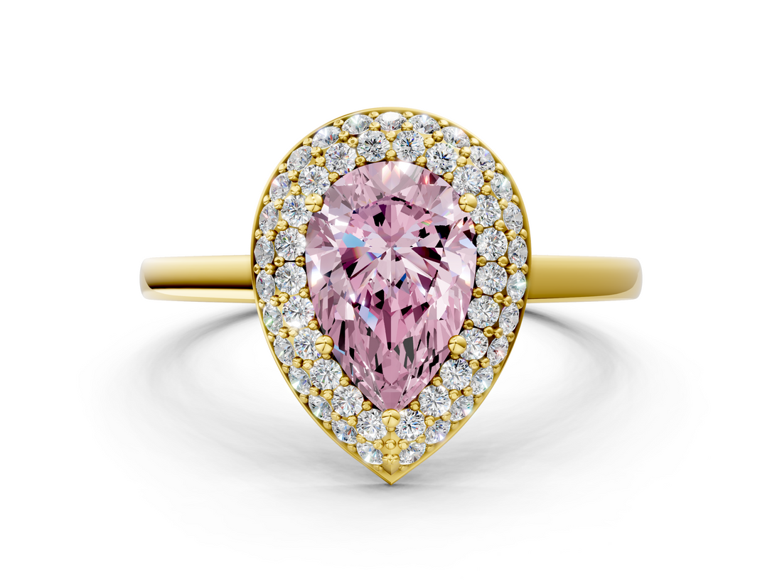 Yellow gold Fancy Pink Pear  Halo Diamond Engagement Ring with Solitaire Band and Four-Prong Setting_19