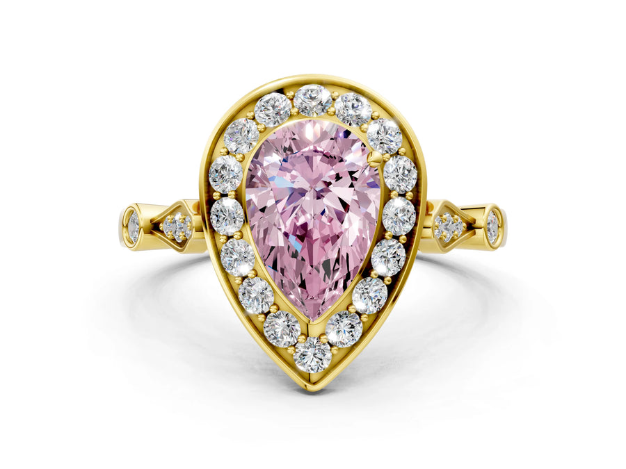 Yellow gold Fancy Pink Pear  Halo Diamond Engagement Ring with Twisted Band and Four-Prong Setting