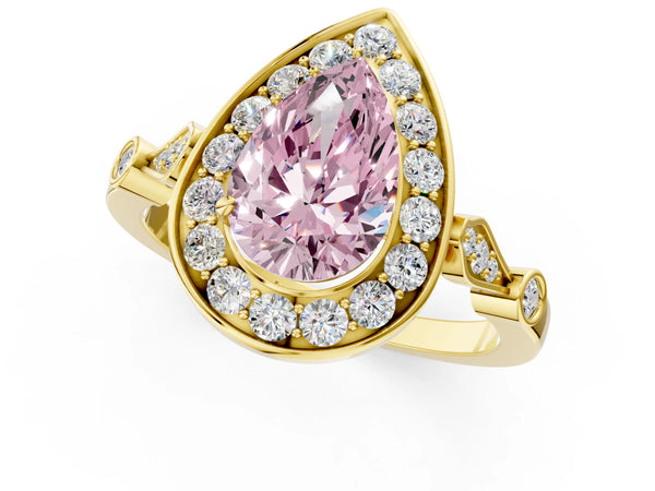 Yellow gold Fancy Pink Pear  Halo Diamond Engagement Ring with Twisted Band and Four-Prong Setting