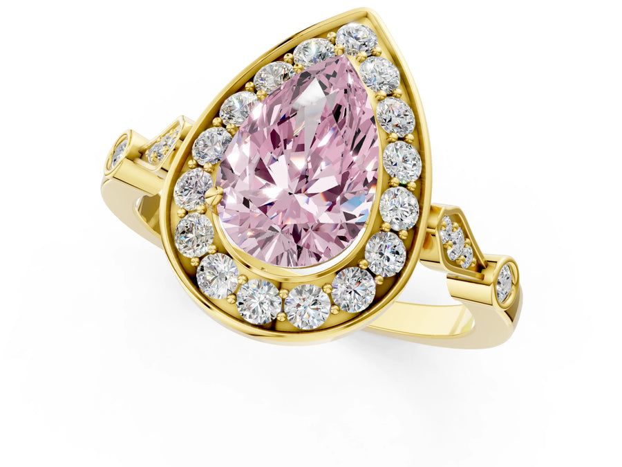 Yellow gold Fancy Pink Pear  Halo Diamond Engagement Ring with Twisted Band and Four-Prong Setting