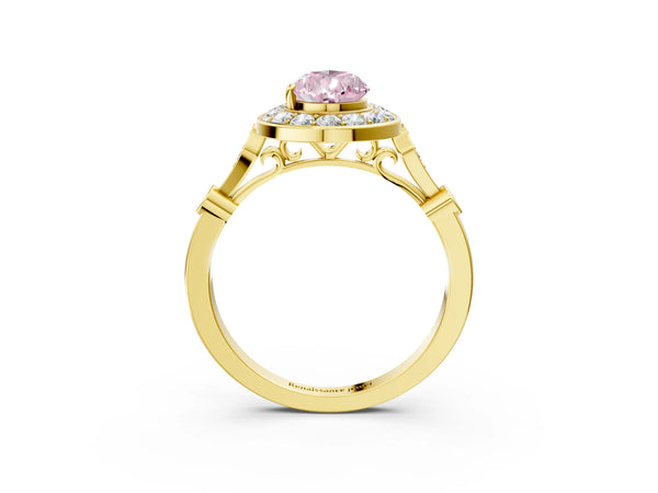 Yellow gold Fancy Pink Pear  Halo Diamond Engagement Ring with Twisted Band and Four-Prong Setting