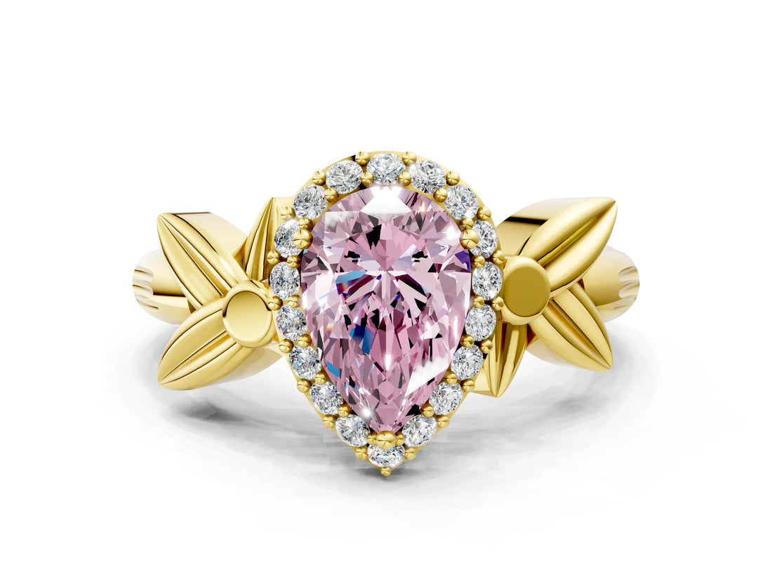 Yellow gold Fancy Pink Pear  Halo Diamond Floral Band with Four-Prong Setting_55